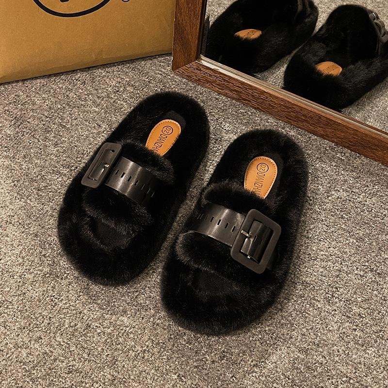

Premium thick-bottomed fluffy slippers for women to wear in autumn and winter 2025 new French lazy Korean one-word cotton slippers 35