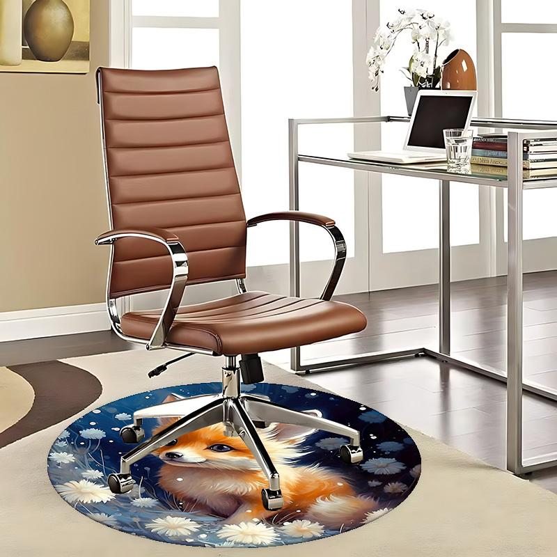 1pc Anime Fox with White Flowers Round Carpet Office Chair Mat, Non Slip Rug for Home Decor, All Seasons