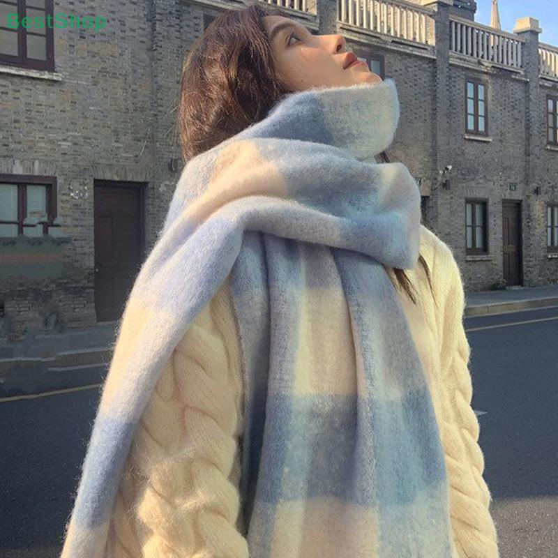 Korean Style Women's Winter Fluffy Blue & White Plaid Scarf - Shawl Thickened Warm Long Plush Neck Warmer
