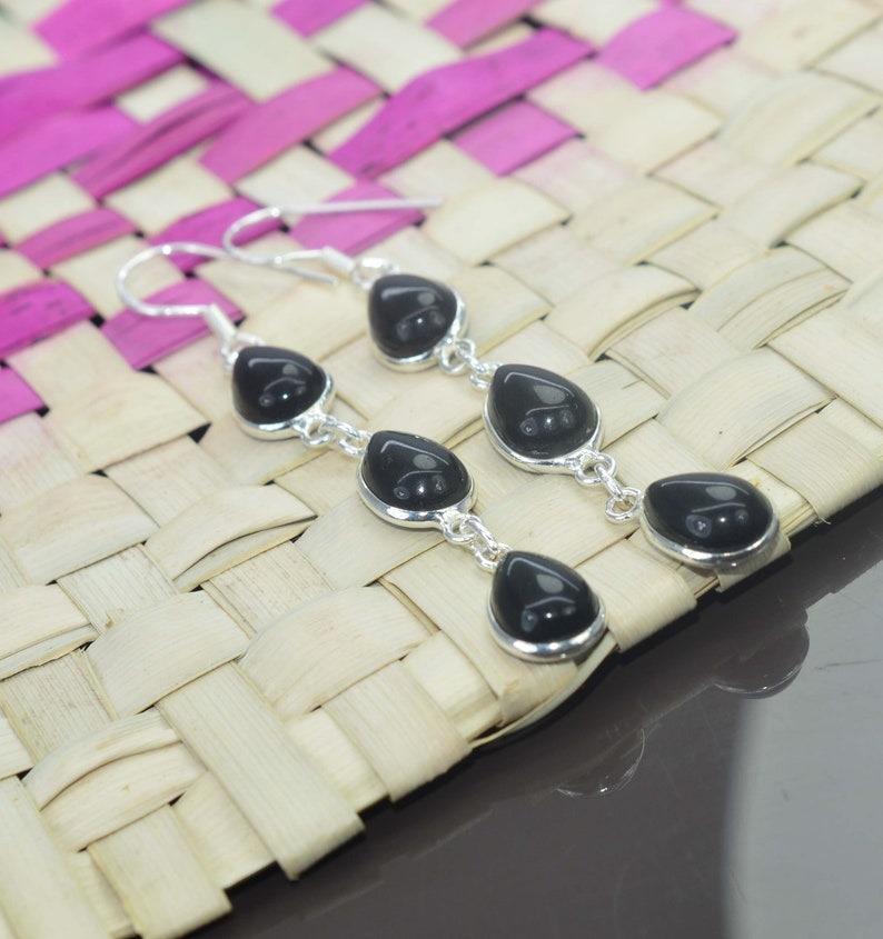 Solid 925 Sterling Silver Black Onyx Gemstone Pear Shape Earrings Handmade Earrings Bezel Earrings