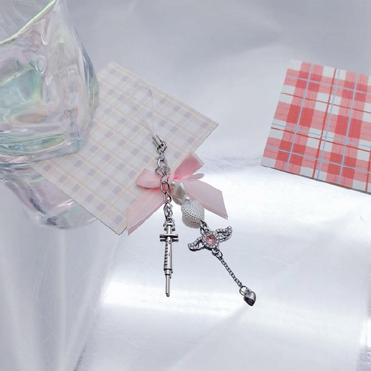 DIY Crystal Heart Phone Strap with Cute Bowknot Wing Heart Phone Strap Keychain