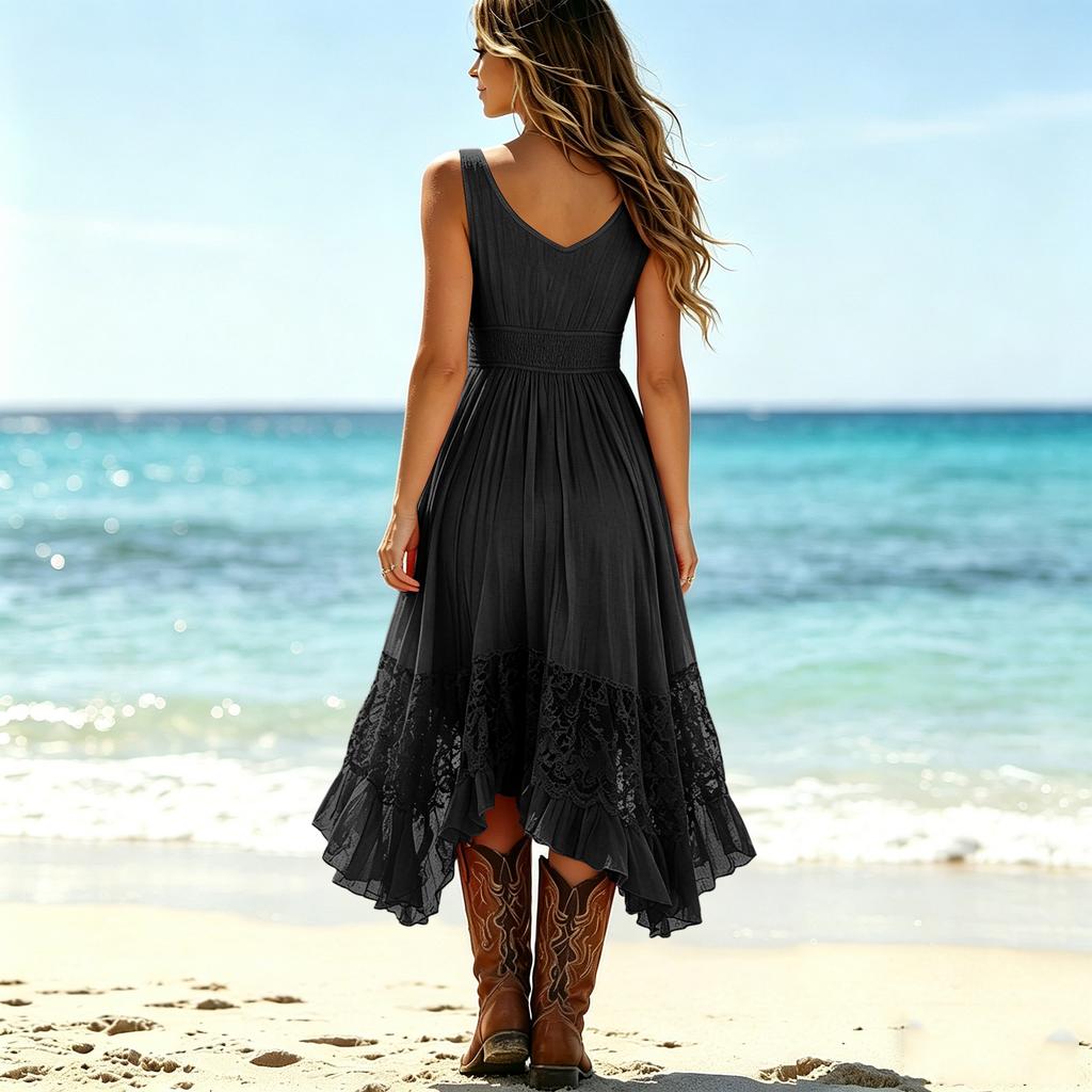Vestido Casual Retro da Moda Feminino com Cordão e Renda