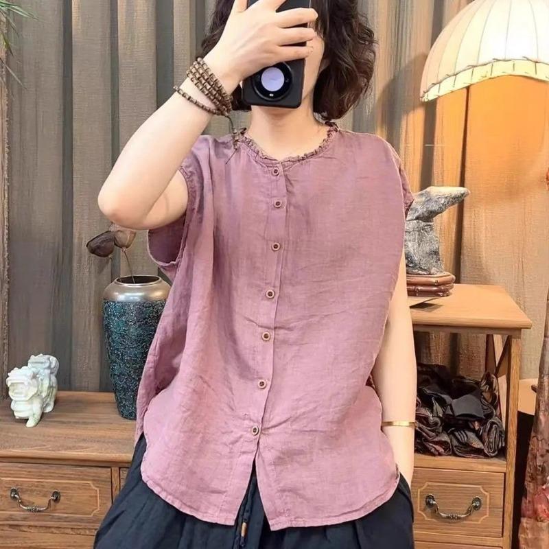 Summer Cotton Linen Sleeveless Blouse Button Front Ruffle Collar Loose Women Top M розовый