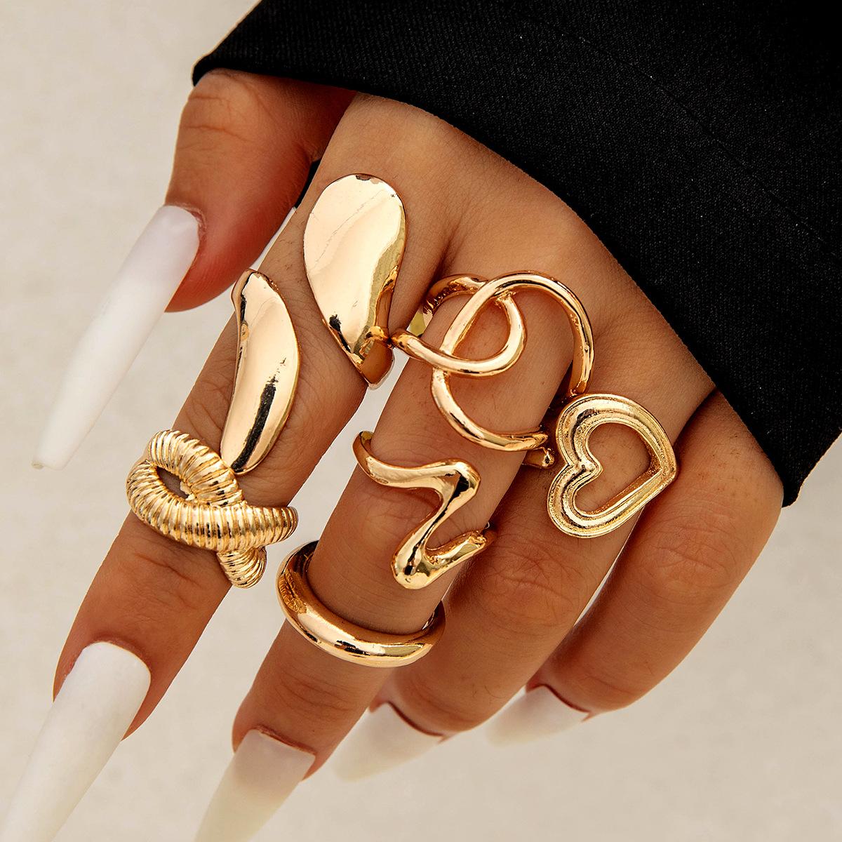 

6Pcs/Set Irregular Wave Heart Rings for Women Men Creative Gold Color Adjustable Opening Rings Female Statement Jewelry Gifts
