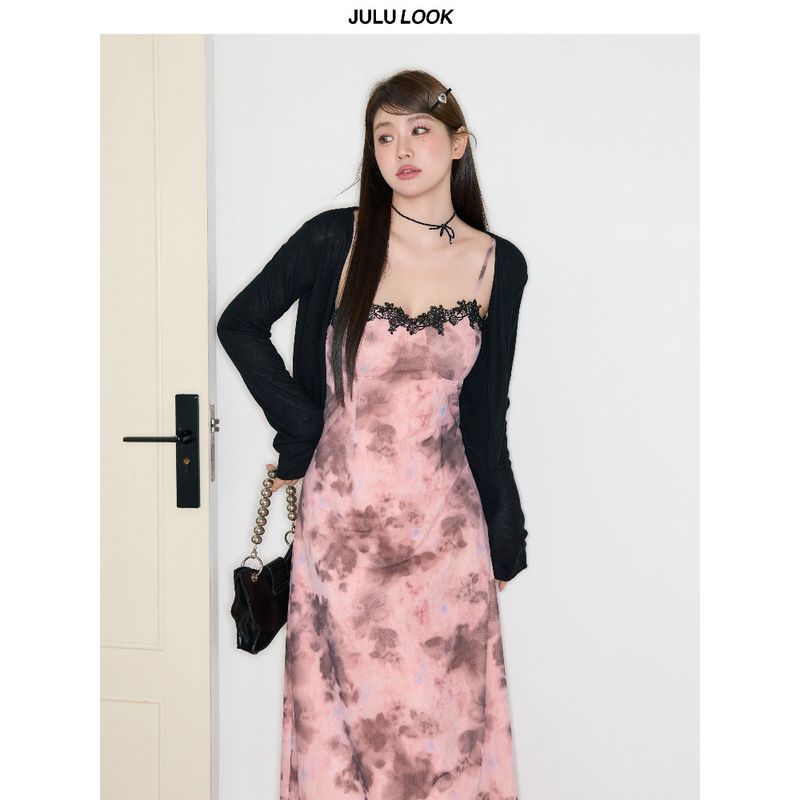 Julu Studio "Flower Dream Summer" Slightly Oversized Girls Pure Desire Lace Stitching Printing Suspender Skirt Plus Size Dress