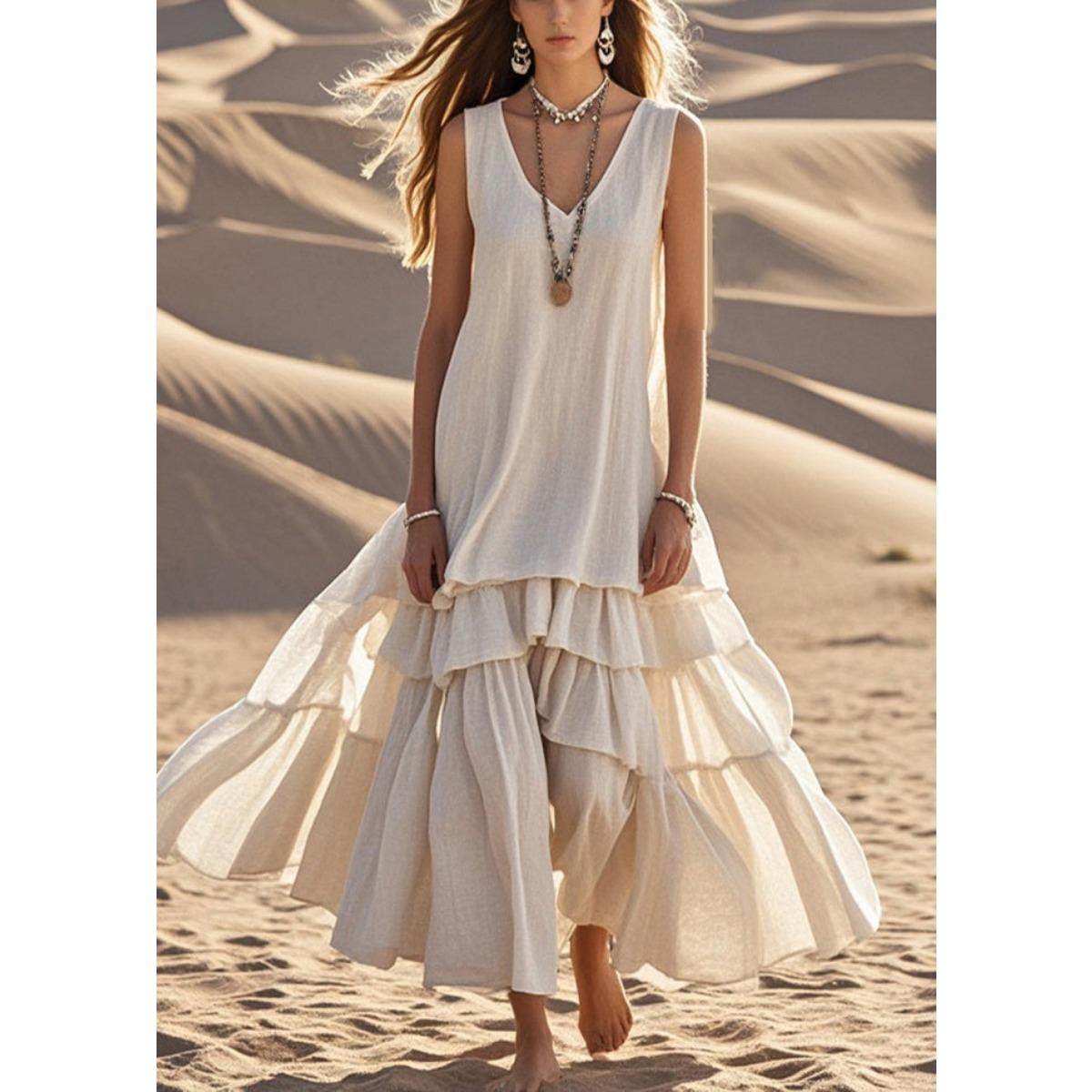 Spring New Women s Cotton Linen Sleeveless Loose Wide Hem Dress Cross-border for Independent Station S