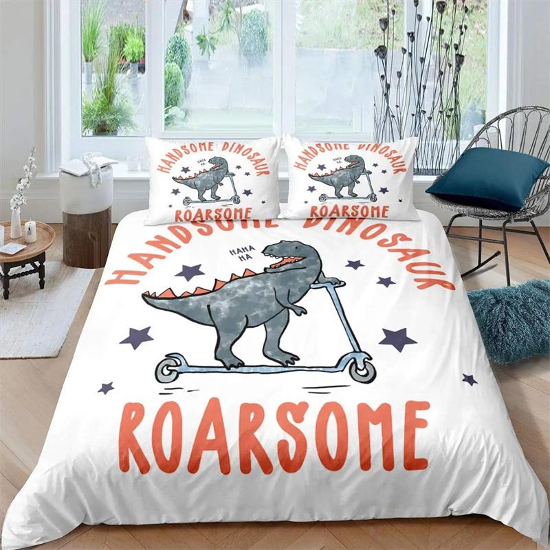 Cartoon Dinosaur Duvet Cover Dinosaur Theme Bedding Green Dinosaur Hello Bro Pattern Bedroom Decoration for Children Women Men