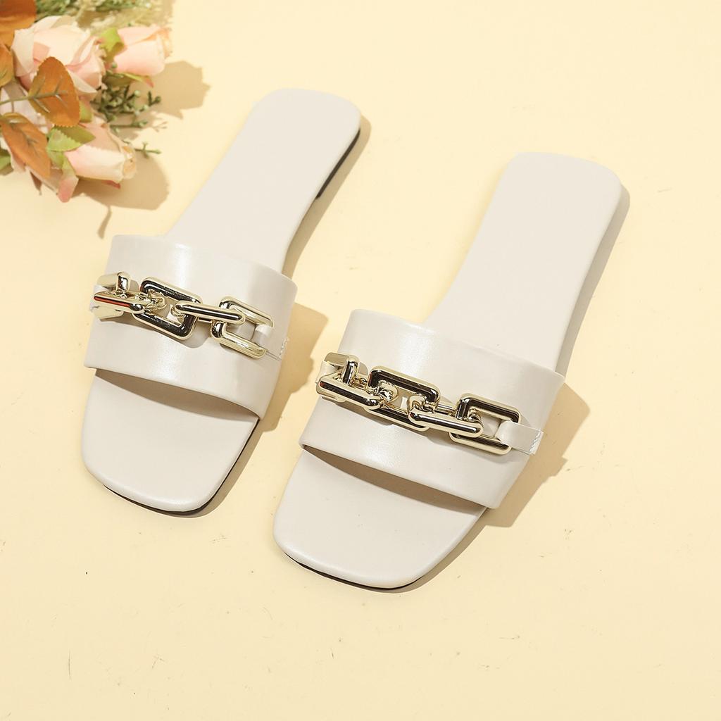 Foreign trade candy color cool slippers women's 2025 spring new one-character casual metal chain outer wear slippers