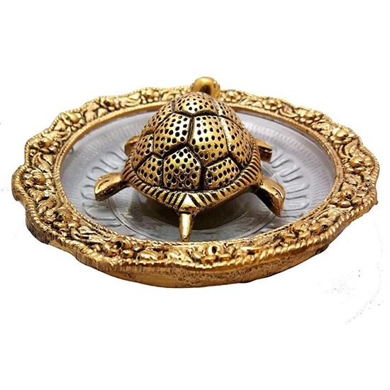 Brass, Glass Feng Shui Tortoise On Plate Showpiece 13.97 Cm