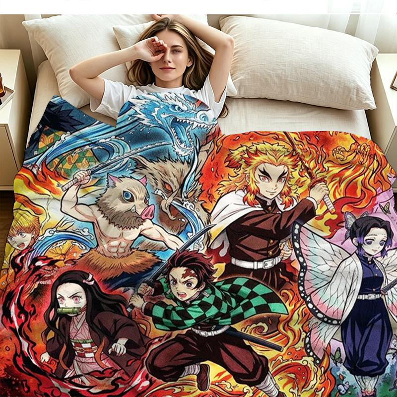 Demon Slayer Anime Print Flannel Blanket High Quality Warm Comfortable Cover for All Seasons Perfect for Gifts Home Decor