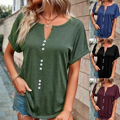 Summer V-neck Button Short Sleeve Women Casual T-shirt Fashion Tops Elegant Solid Plus Size T Shirt for Women Loose Simple Tee Shirt 24533