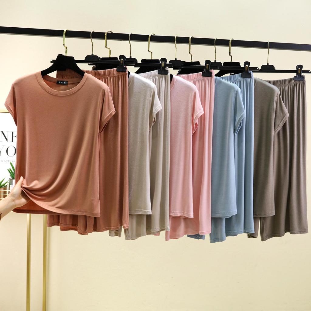 Women's Plus Size Modal Short Sleeve Casual Set - Korean Style Wide Leg Pants Two-Piece Homewear