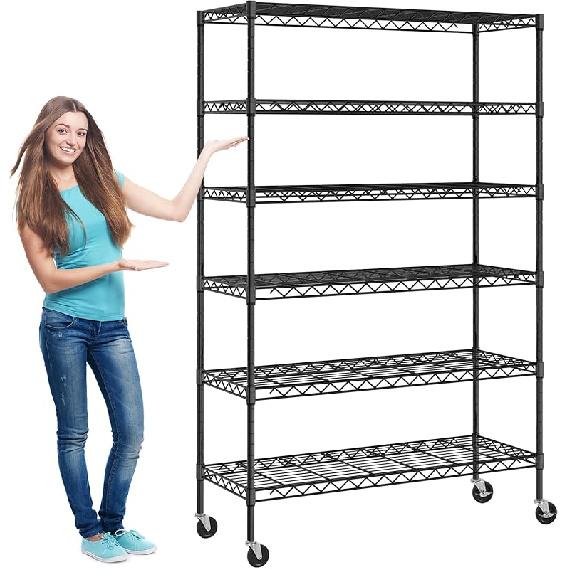 Metal Shelves 6 Layer Wire Shelving On Wheels Heavy Duty Metal Storage Rack Utility Shelves 48" NSF Steel Racks 2100 LBS Capacity Adjustable Standing