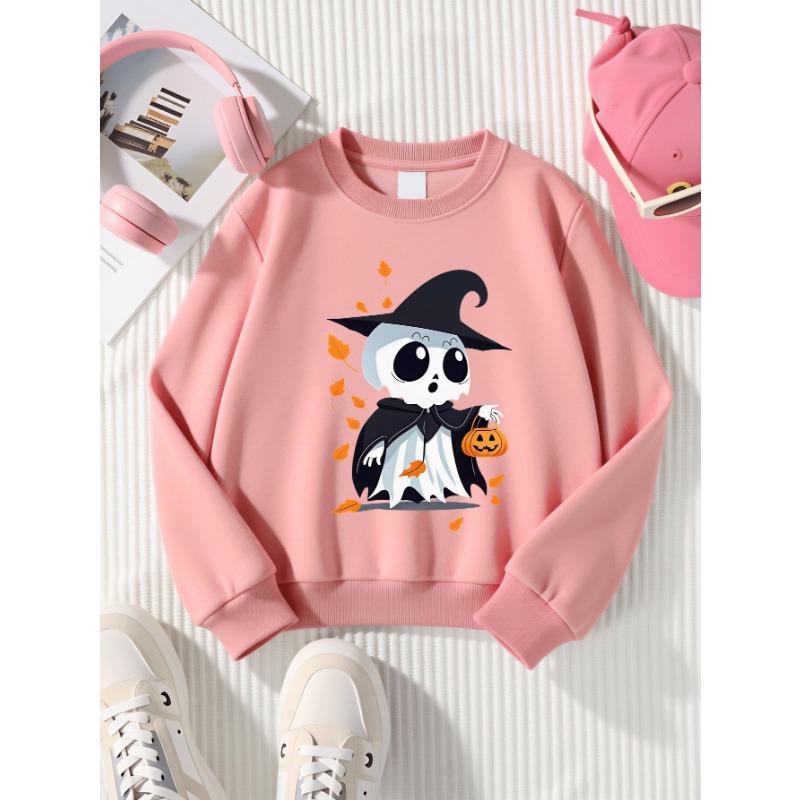 European Sizes Girls' Halloween Long-Sleeve Round-Neck Fun Print Casual Top, Kids' Autumn Clothing, for Trick-or-Treat Parties.