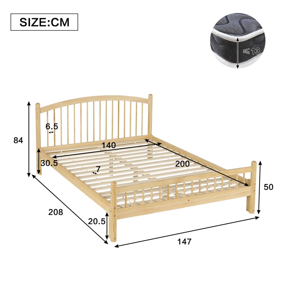 Solid Wood Bed, Simple Minimalist Design, Classic Grid Headboard, Stable Slatted Frame, Universal Single Bed, Natural, 140x200cm