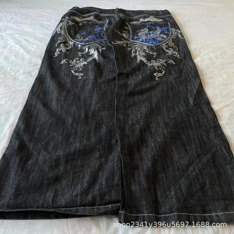 Mens Y2K Hip Hop Wide Leg Straight Fit Denim Jeans - Washed Cotton Loose Streetwear Style