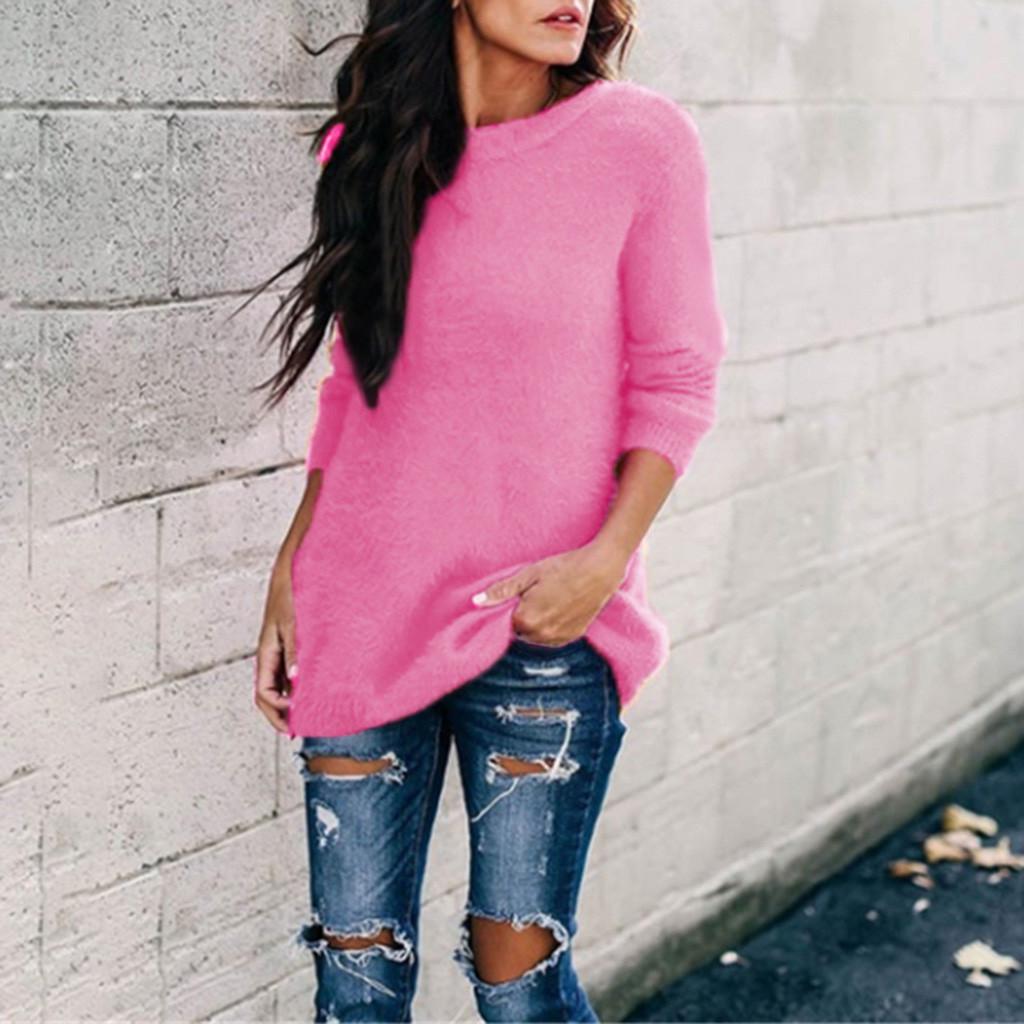 Women Ladies Fashion Winter Plush Solid Round Neck Long Sleeve Sweater Blouse