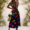 Women Plus Size V Neck Short Sleeve Black Printed Straight Maxi Dress