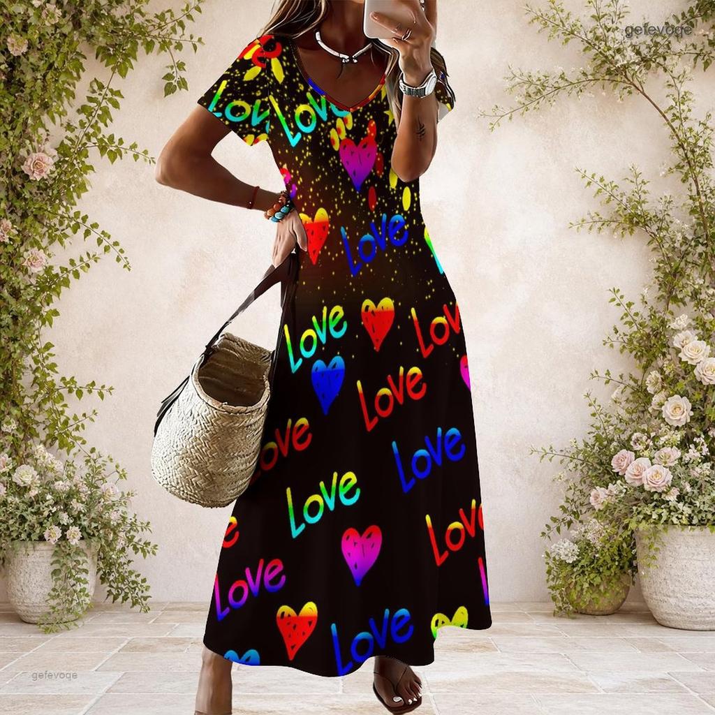 Women Plus Size V Neck Short Sleeve Black Printed Straight Maxi Dress