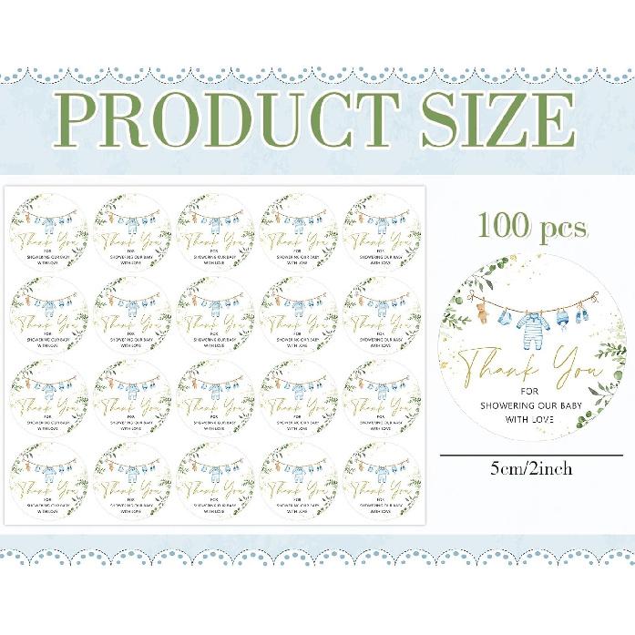 Whaline 100Pcs Baby Shower Clothes Thank You Stickers 2 Inch Cute Blue Clothes Round Adhesive Label Decals for Boy Birthday Party Decorations