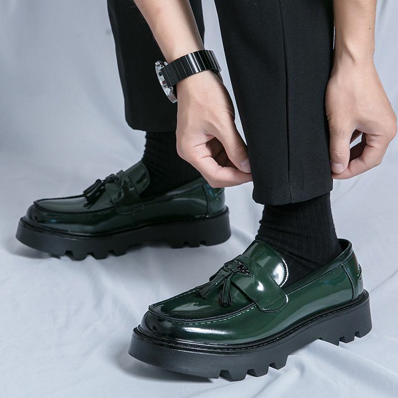 Men's Shiny Tassel Pointed Toe Leather Slip-On Loafers with Thick Sole - Plus Size Formal Casual Shoes