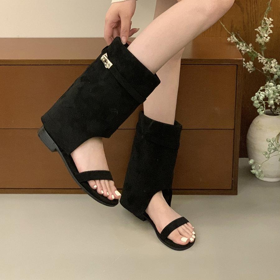 Vintage low-heeled khaki suede open-toed short boots women's 2025 new Spice Girls vacation pant boots sandals cool boots