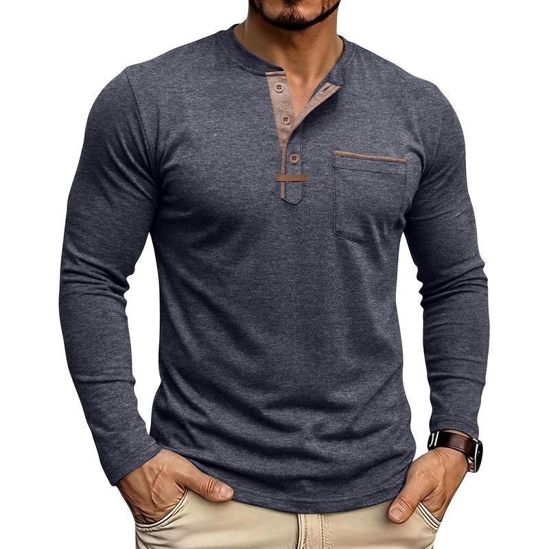 Autumn Winter Mens Henley Long Sleeve T-Shirt Contrast Collar Placket 3 Buttons Chest Pocket Soft Casual Daily Tops