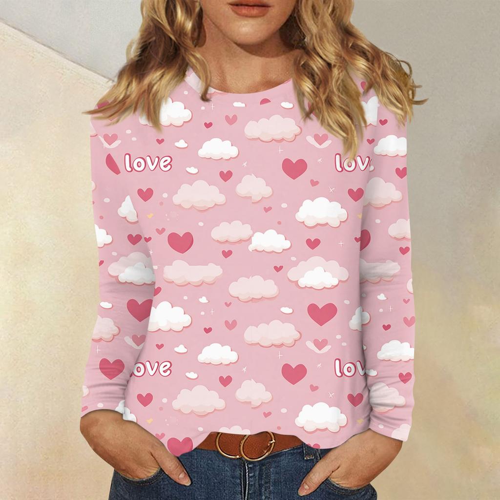 Damen Valentinstag Modisches Herzmuster Rundhals Langarm Pullover Top