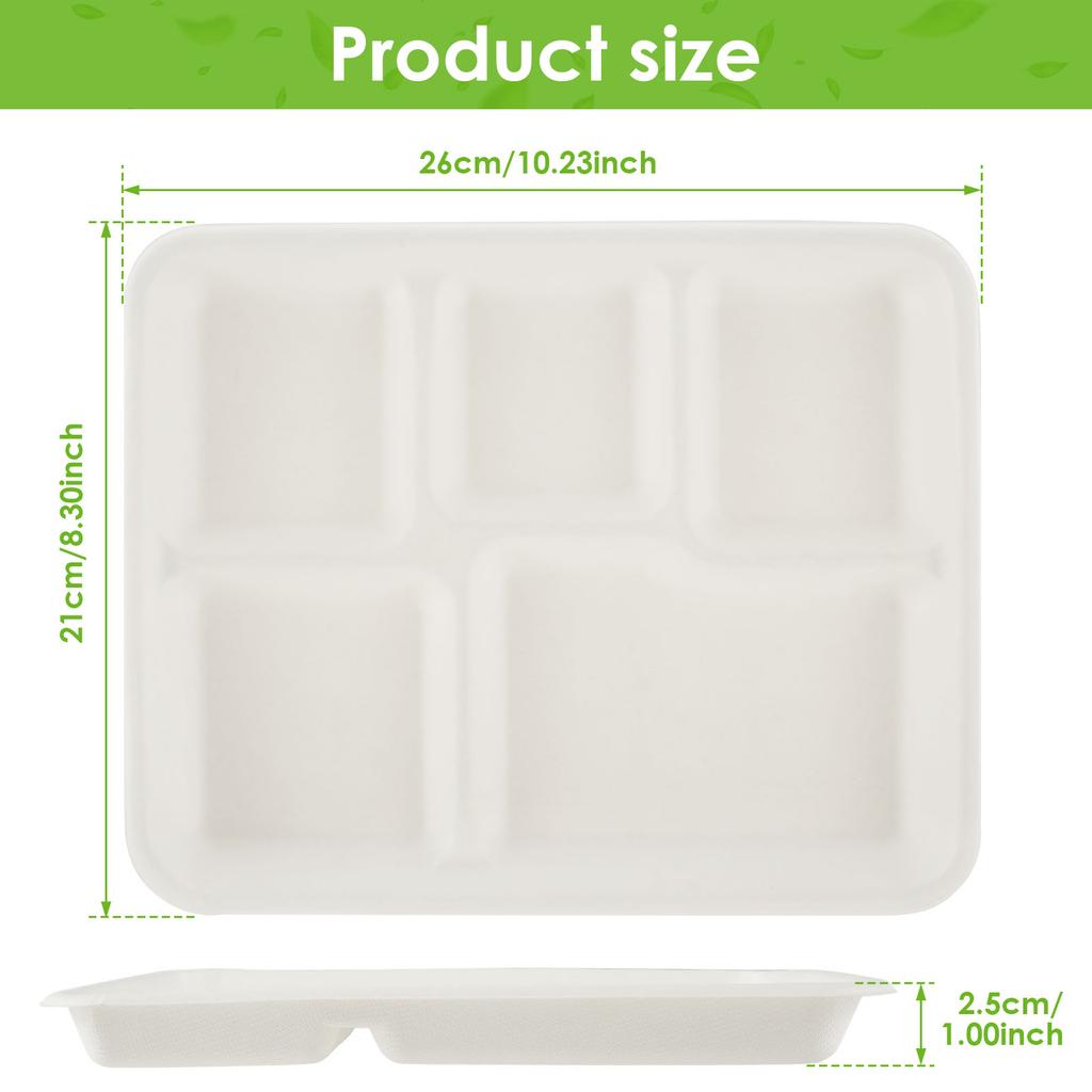 50 Pcs Disposable Plates Biodegradable Pulp Dinner Plates 5 Compartments Paper Plate Barbecue Tray for Party Picnic Restaurant
