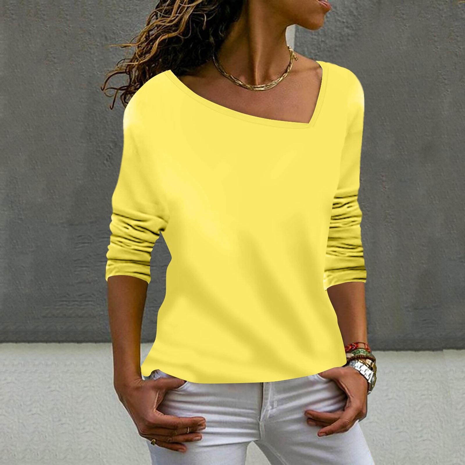 

Женская футболка, блузка, модная повседневная однотонная футболка с v-образным вырезом и длинными рукавами S жёлтый