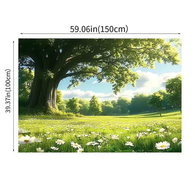 2D Nature Meadow Backdrop Cloth Green Oak Tree White Daisy Photography Background