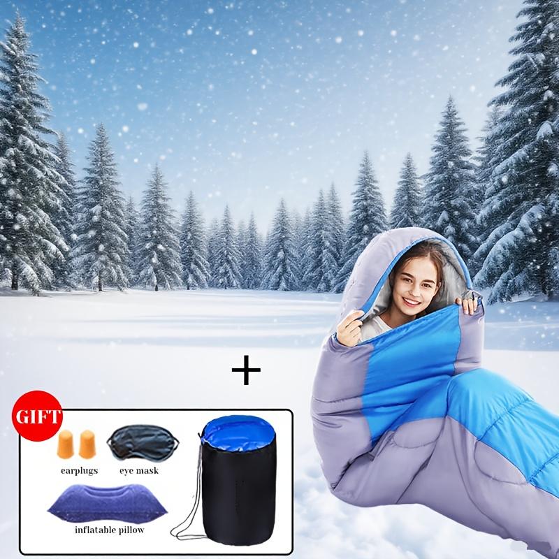 Winter Warmer Schlafsack mit Kapuze, Isolierter Polyester-Schlafsack für Erwachsene, Inklusive Augenmaske, Ohrstöpsel und aufblasbarem Kissen, Camping-Grundausstattung