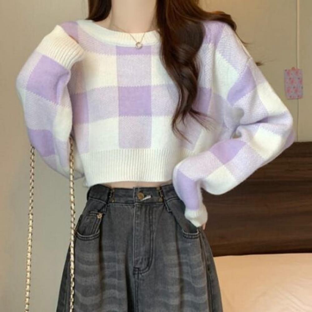 Navava Women Lovely Check Contrast Round Neck Long Sleeve Crop Knit Tee Nk3347