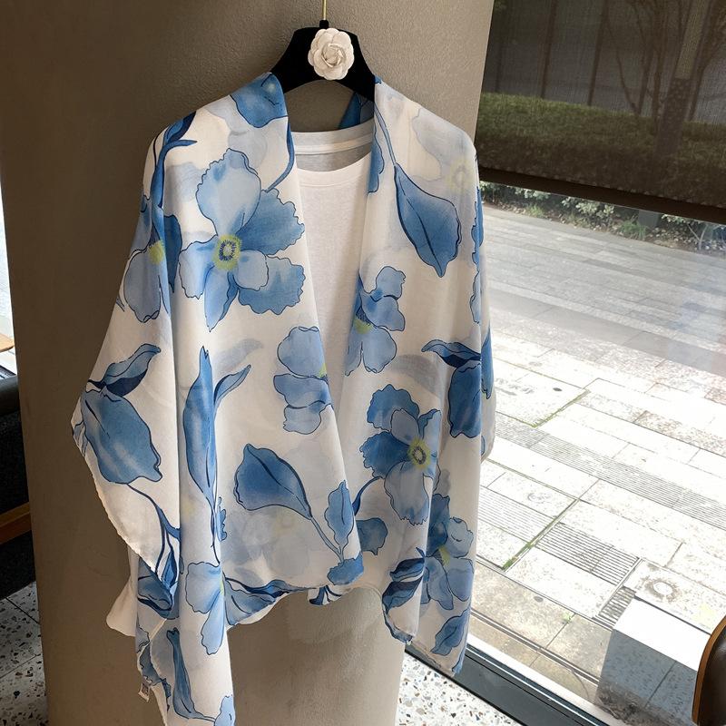 Spring And Summer Thin Silk Scarves, High-End Begonia Flower Printing Long Scarves, Satin Travel Sunscreen Scarves, Ethnic Shawls