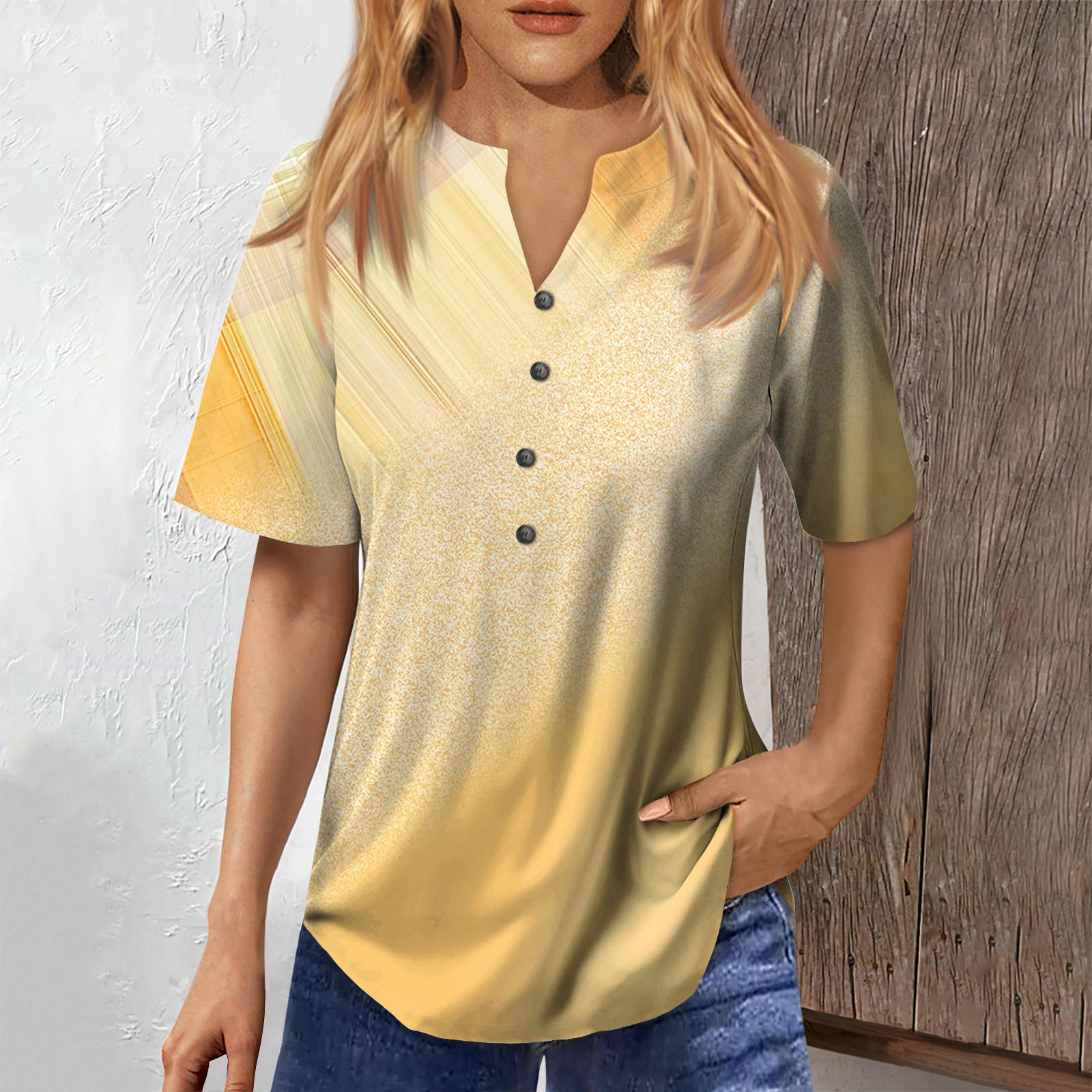 

Модный женский свободный летний повседневный нарядный топ на пуговицах с v-образным вырезом и короткими рукавами L жёлтый