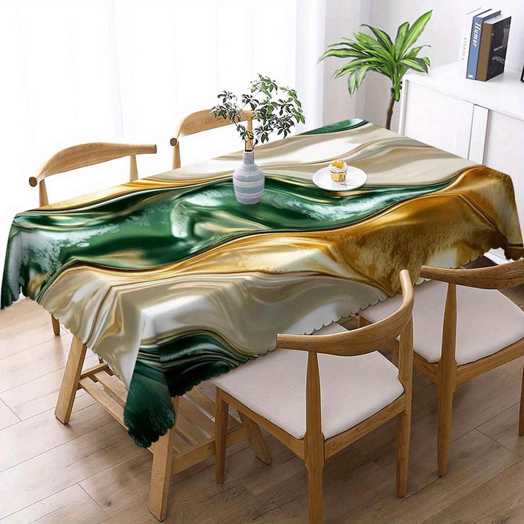 Luxury Marble Swirl Print Tablecloth, Green Gold and White Fluid Art Design with Scalloped Edge, Stain Resistant for Dining Room