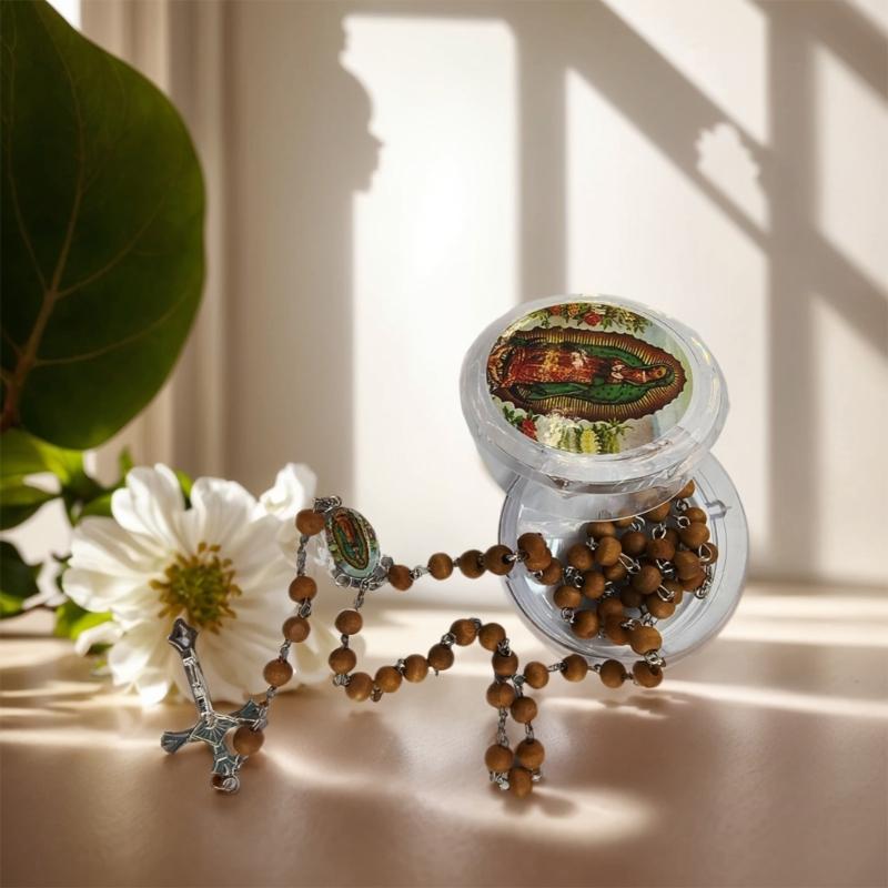 Rosario con Perline di Legno per la Preghiera Cristiana con Immagine della Madonna di Guadalupe e Crocifisso per Donne e Uomini in Scatola Regalo