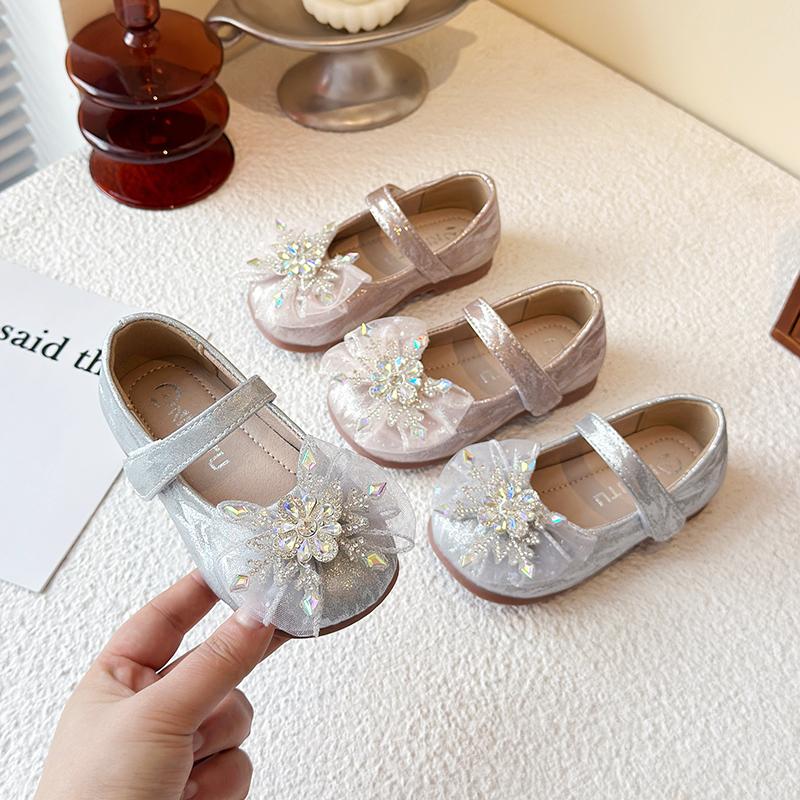 Spring and Autumn New Children's Crystal Shoes Soft Sole Single Leather Shoes Girls Princess Rhinestone Bowknot Shoes