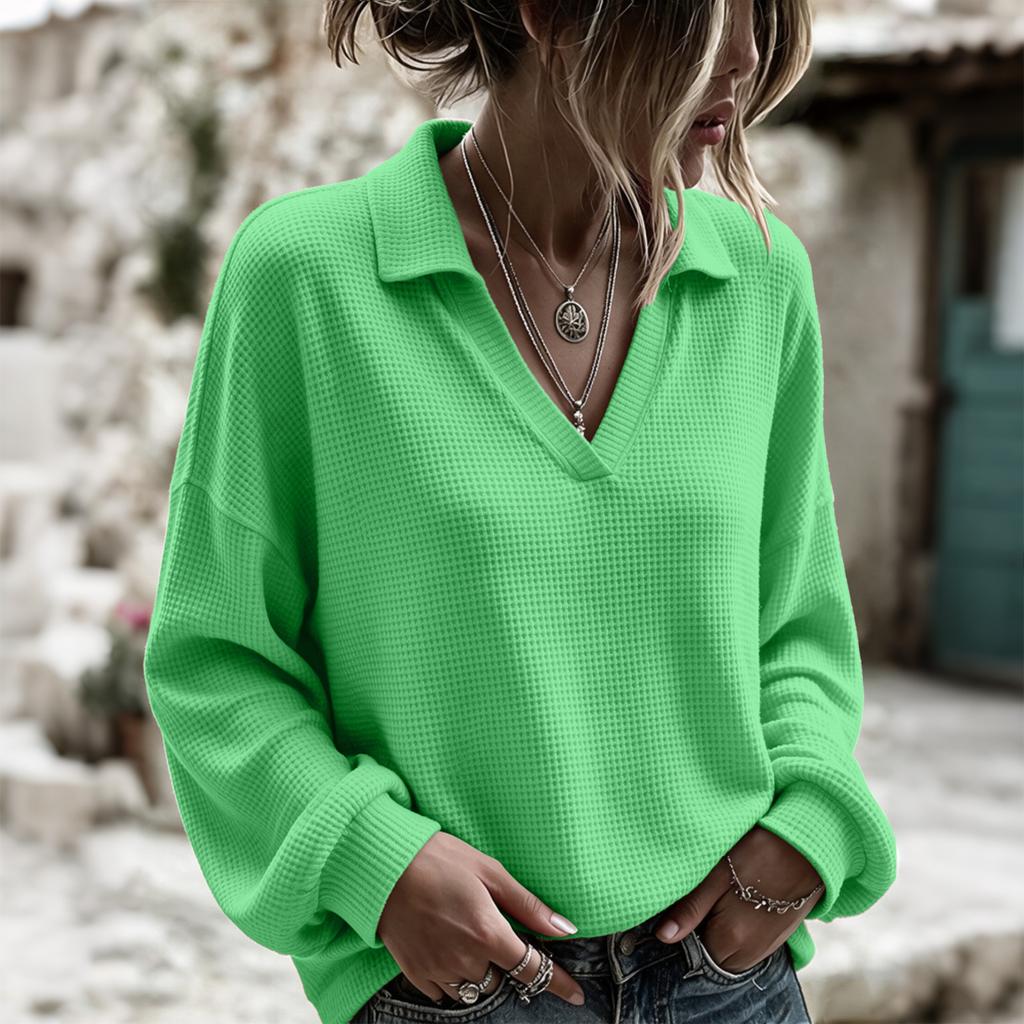 Women's Casual V-Neck Long Sleeve Loose Fit Pullover Top for Everyday Wear