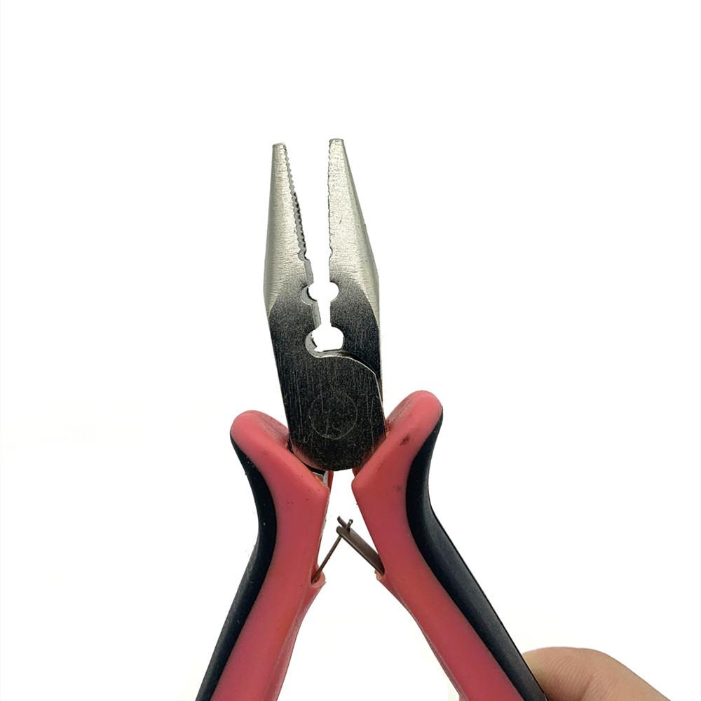 Vernickelte Edelstahl-Mini-Haarverlängerungszange mit drei Löchern und rosa & schwarzen Griffen.