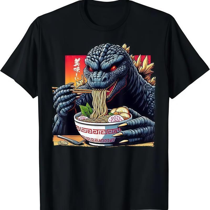 Funny Kaiju Eating Ramen Japanese Monster Lover Birthday T-Shirt Novelty Graphic XL