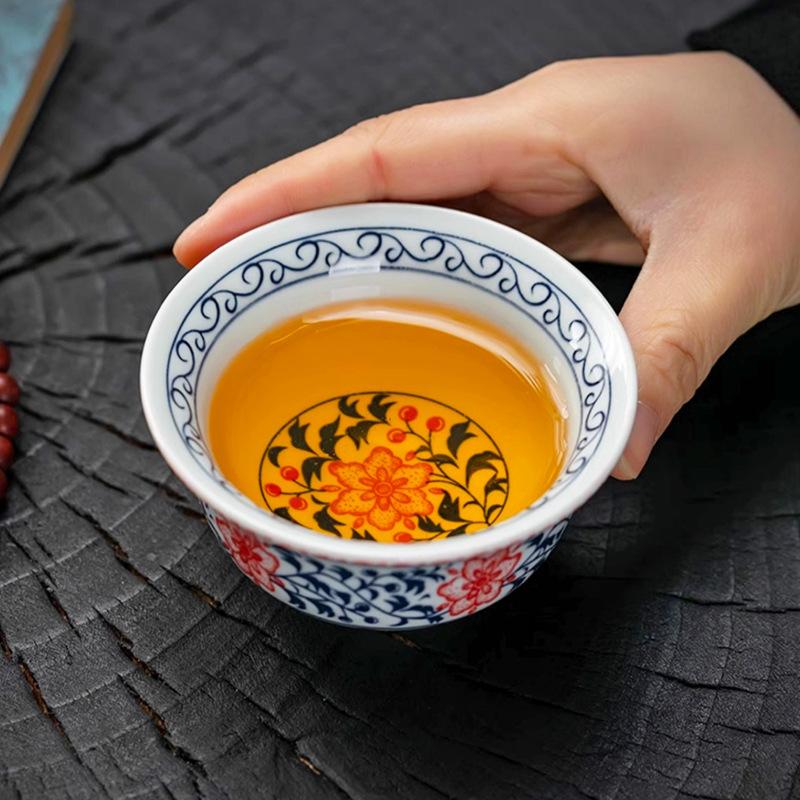 Antique Lotus Hand-pressed Cup Kung Fu Teacup Blue and White Underglaze Host Cup Small Tasting Tea Bowl Chinese Gongfu Teaware