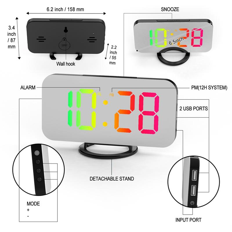 ABGR-Digital Alarm Clock RGB Colorful Large Screen Display Smart Mirror Alarm Clock Date Display For Room Decoration