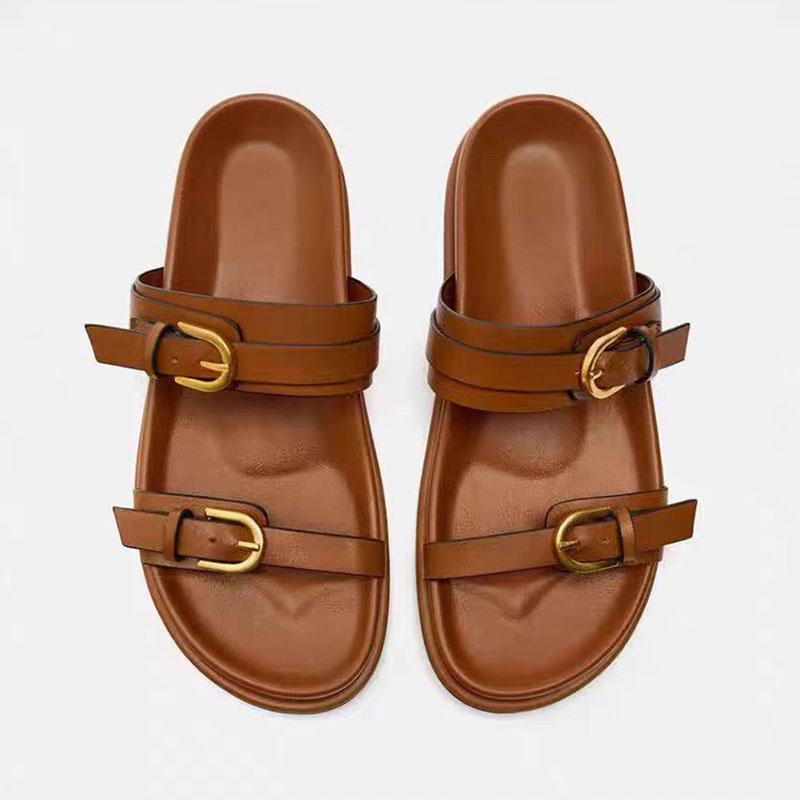 Ciabatta piatta con fibbia in metallo marrone 2024 da donna a punta tonda aperta sul davanti ciabatte flatfrom per donna casual comode da interno scarpe con suola spessa