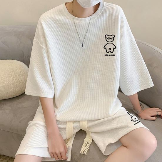 2 Pcs/Set Men Summer Tracksuit Cartoon Bear Korean Style Half Sleeves Sports Drawstring Casual Top Shorts Suit Male Clothes