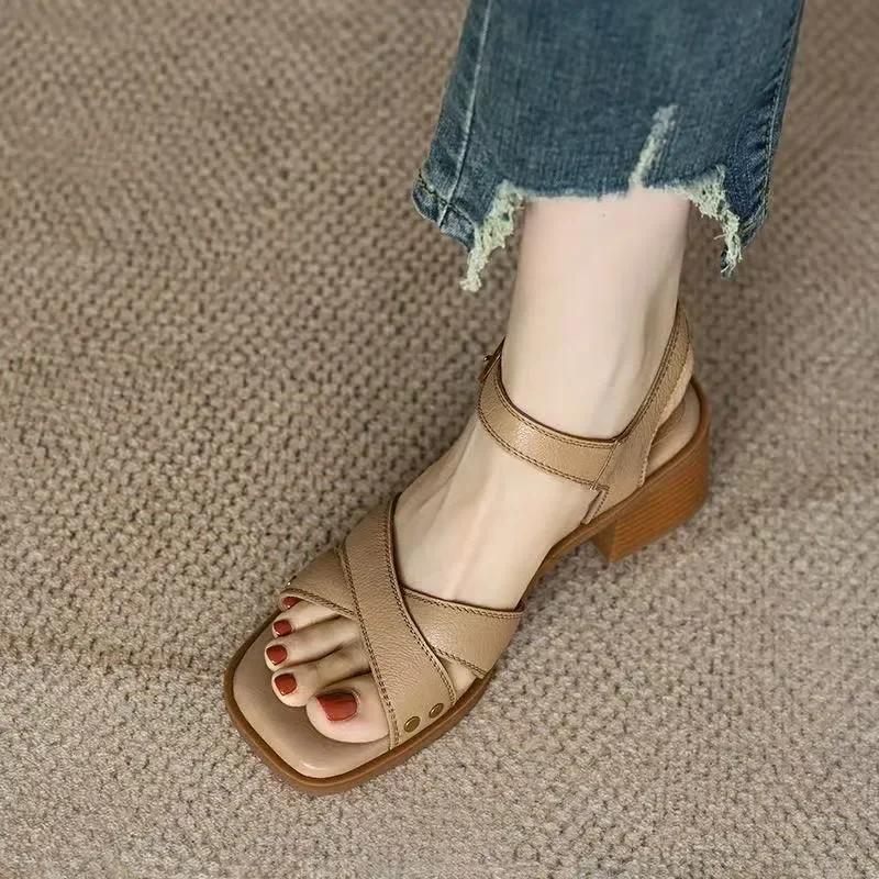

Fashion Elegant Woman Heeled Shoes Brand Buckle Strap Women s Sandals Fashion Square Toe Office and Career Summer Rivet Heeled Sandals 35