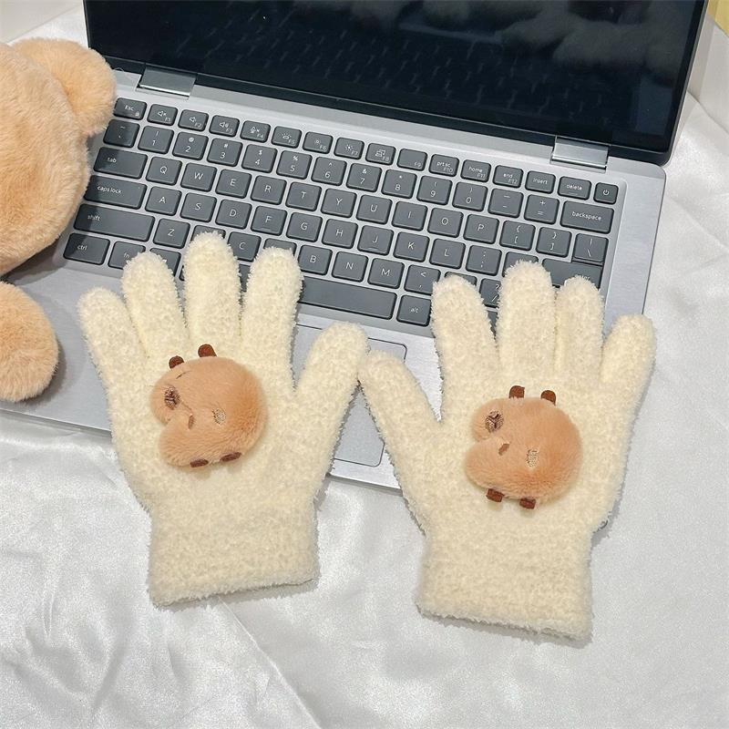 Cute Capybara Gloves Plush Coral Fleece Cold-Proof Gloves Five-Finger Gloves Student Winter Warmer Gloves Girly Christmas Gifts