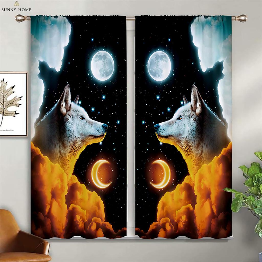 Blackout Heat Insulation Curtains Dream Starry Sky Wolf Print Curtains Children's Room Living Room Outdoor Decorative Curtains