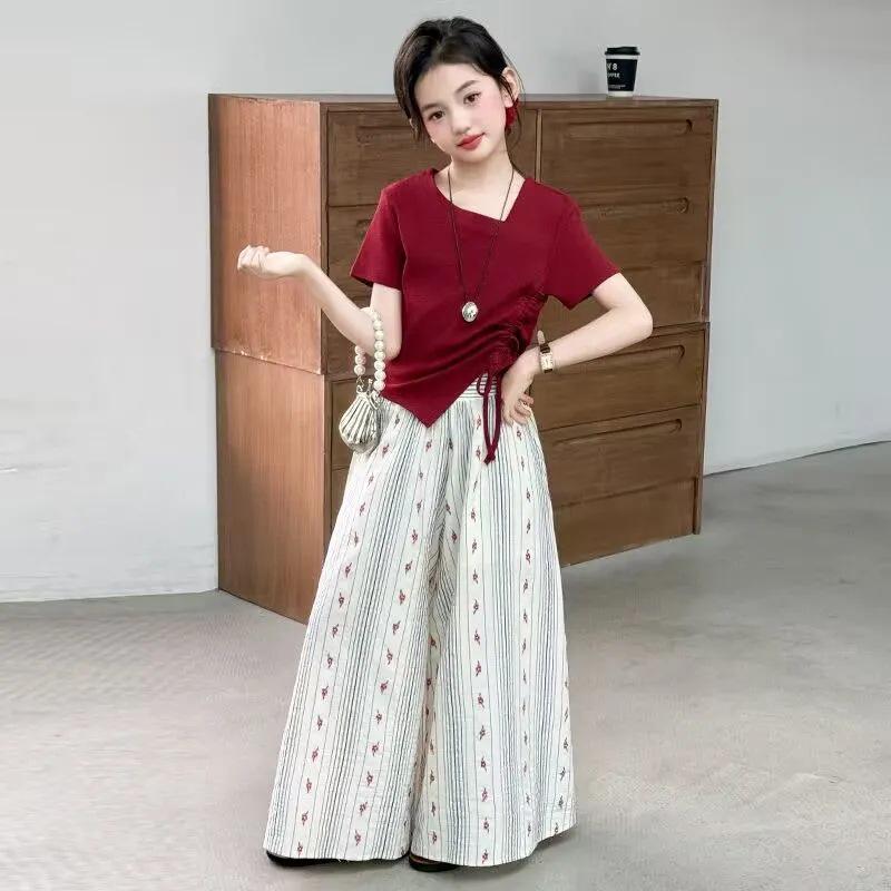 Korean Style Girls Irregular Short Sleeve Floral Two-Piece Summer Set 150 cm