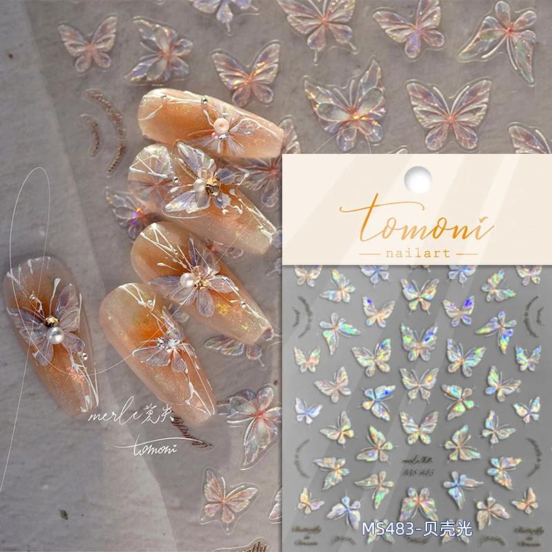 1 Piece 5D Retro Colorful Hand-painted Butterfly Nail Stickers Shell Light Butterfly Rhinestone Soft Relief Nail Art Stickers